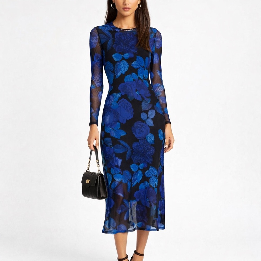 Vintage Enfocus Studio Blue Floral Mesh Midi Dress Sheer Sleeve Size 4 Y2K